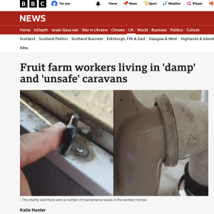 Image of BBC news piece on seasonal worker accommodation published 17 December 2025
