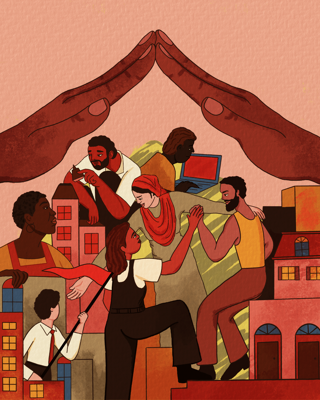 people sheltering under two hands held up as housing